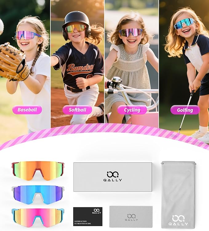 QALLY Kids Sunglasses Youth Baseball Softball Sunglasses for Girls Boys Age 4-14 UV Protection Sports Kids 3 Pack 228-21-26-24