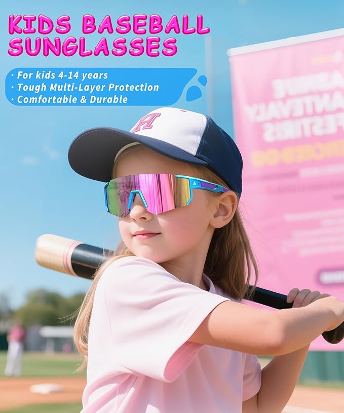 Kids Sunglasses Youth Baseball Softball Sunglasses for Girls Boys Age 4-14 UV Protection Sports Kids 3 Pack  228-21-30-24