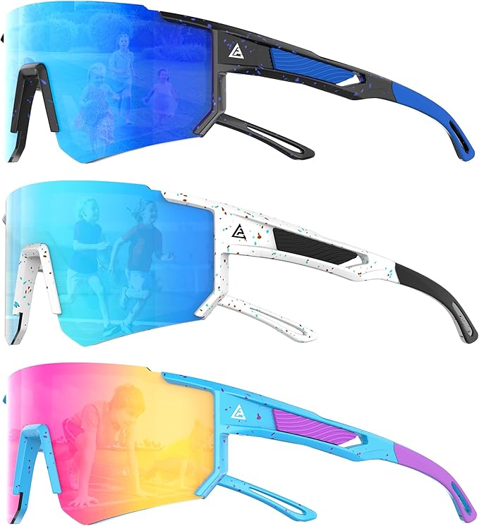 3PACK Kids Sunglasses Youth Baseball Sunglasses for Boys Girls Age 4-14, Softball Cycling UV400 Protection Sports QA228-23-21-24