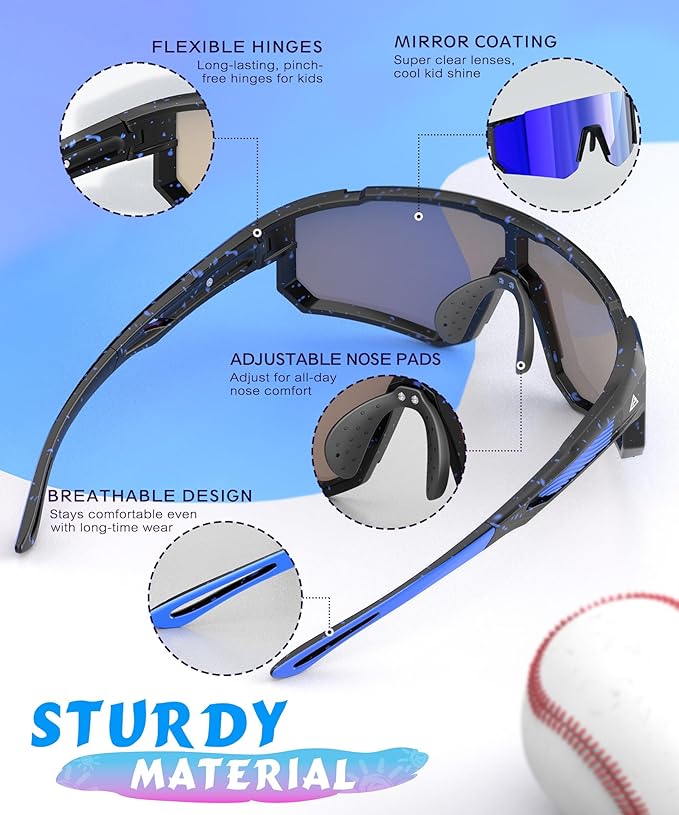 3PACK Kids Sunglasses Youth Baseball Sunglasses for Boys Girls Age 4-14, Softball Cycling UV400 Protection Sports QA228-23-21-24