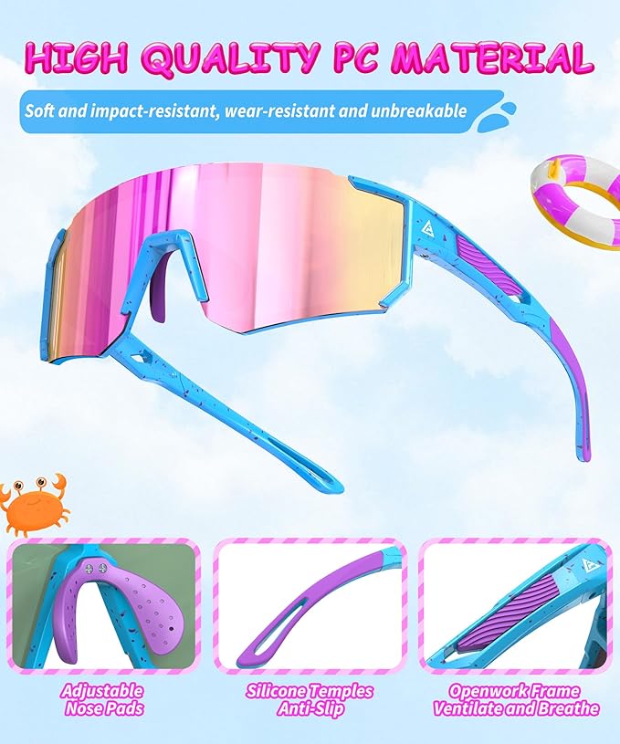 QALLY Kids Sunglasses Youth Baseball Softball Sunglasses for Girls Boys Age 4-14 UV Protection Sports Kids 3 Pack 228-21-26-24
